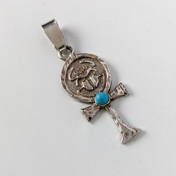 Silver Egyptian Ankh Scarab Pendant With Turquoise - Picture 2 of 5